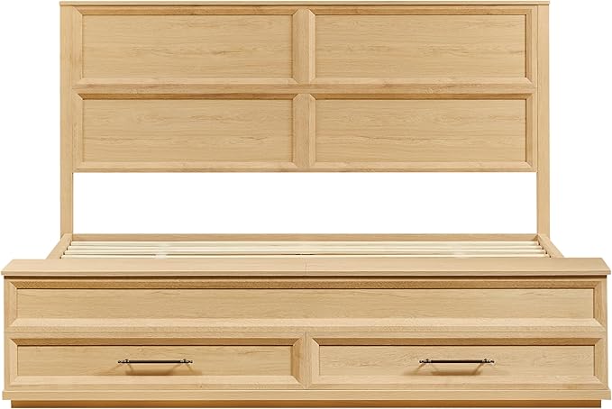 King Size Bed with 3D Geometric Headboard & Storage Bench - 4-Drawer Storage, Modern Bedroom Furniture,Oak. The 3D geometric grid pattern on the headboard exudes modern charm, blending refinement wi