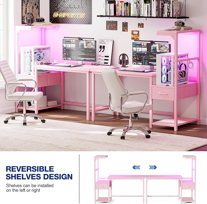 Grandder Gaming Desk 41 Inch with CPU Stand and LED Light, Computer Desk with Reversible Shelves and Storage Drawer, Pc Small Desk for Home Office Table with Bag, Pink