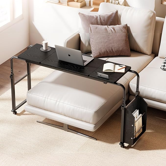Overbed Table with Wheels, Tilting Overbed Desk Adjustable Height & Length, Queen Over Bed Table with Storage Cabinet, Rolling Laptop Desk for Bedroom, Living Room, Hospital (Black, 47.24in)
