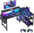 ODK 40 Inch Gaming Desk with USB Power Outlets and LED Lights, Reversible L Shaped Computer Desk with Storage Shelves & Monitor Stand, Corner Home Office Desk Table, Carbon Fiber Surface, Black