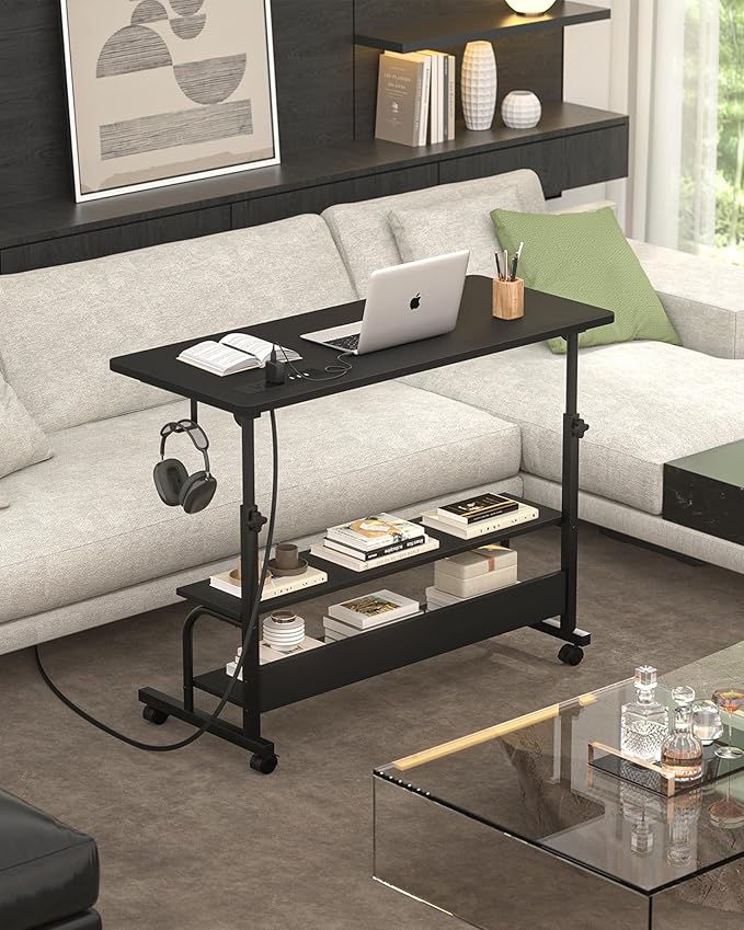 Armocity Rolling Standing Desk with Power Outlets, 32" Manual Height Adjustable Mobile Computer Desk with Wheels, Small Portable Sit Stand Laptop Couch Table for Bed & Sofa Home Office, Black