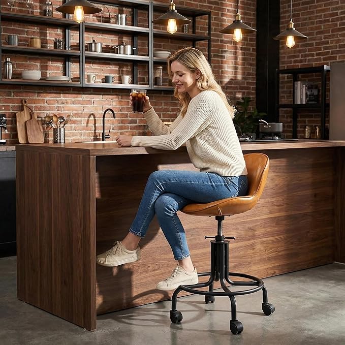 Topower Antique Industrial Design Metal Adjustable Height Kitchen Dining Breakfast Chair Industrial Style Bar Stool with Wheels, Fully Welded, Cinnamon PU Leather Seat