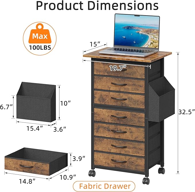 HIGDBFE 7 Fabric Drawers File Cabinet with Side Pocket, Rolling Printer Stand with Storage for Home Office, Wood Top Storage Cabinet for Documents and Crafts, Rustic Brown, 15" D