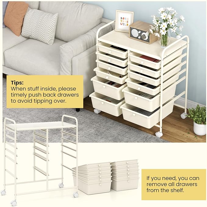 Moccha 12-Drawer Rolling Storage Cart - Utility Cart on Wheels with Lockable Casters for Craft Art Supply Paper Salon, Mobile Drawer Carts for Classroom Teacher School Office (White)