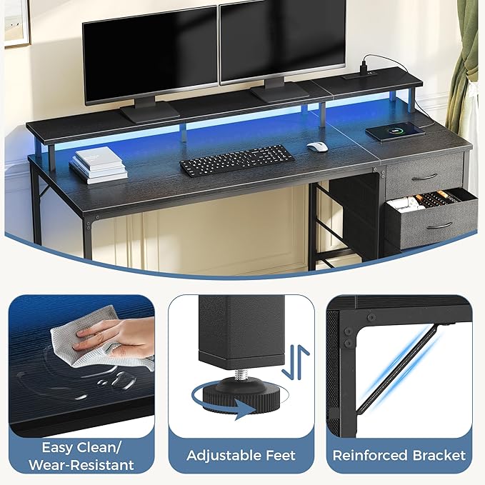 DUMOS Computer Desk with 4 Drawers,4 Drawer Gaming Desk with Power Outlets and LED Lights,Office Desk for Small Spaces with Monitor Shelf,Writing Desk for Home Office, Bedroom,Study 39 Inch Black