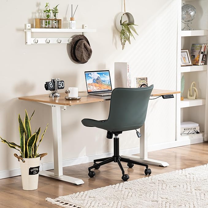 YOUNIKE Ergonomic Armless Office Chair Faux Leather Small Cute Desk Chair with 12° Rocking Back Adjustable Height Swivel Vanity Chair Compact Computer Rolling Task Chair for Small Spaces Greyish Green