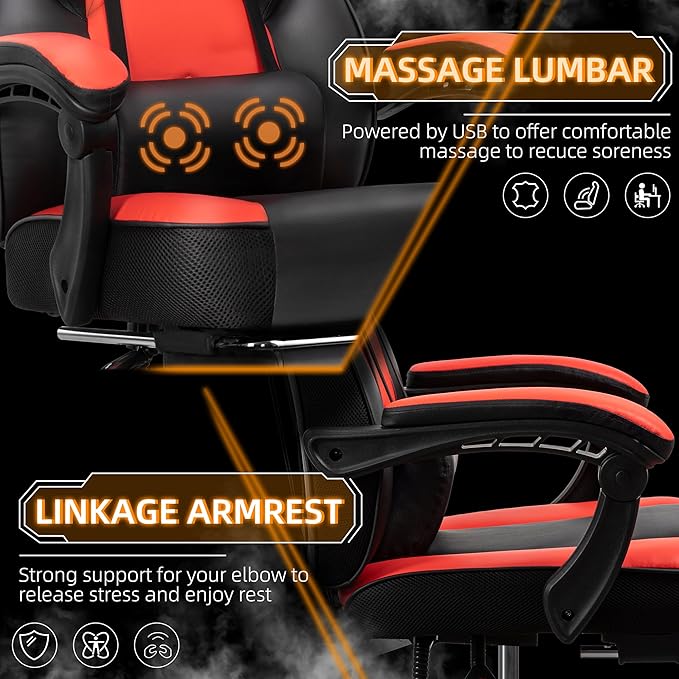 Shintenchi Gaming Chair with Footrest, Massage Lumbar Support, Height Adjustment, and 360° Swivel Seat. Ergonomic Design for Gaming