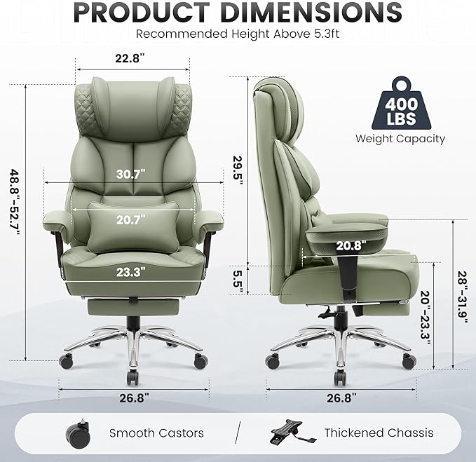 BestGlory Office Desk Chair, Big and Tall Leather Gaming Chair with Footrest, Wide Ergonomic Comfy Executive High-Back Reclining Computer Chairs, Swivel Rolling Wheels and Padded Lumbar Support, Green
