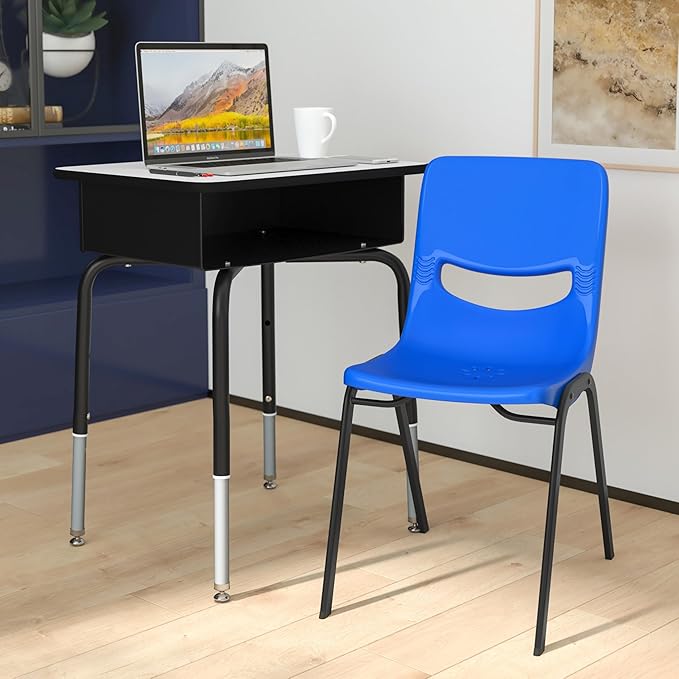 EMMA + OLIVER Jacobs Desk/Stackable Ergonomic Chair Set, Flex Comfort Seat Back, Adjusting Desk Legs, Metal Open Front Storage Box, Gray Desktop/Navy Chair