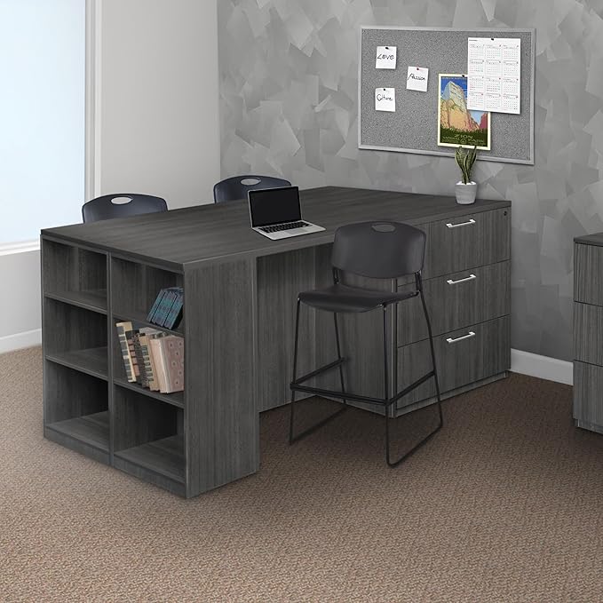 Regency Legacy Stand Up Lateral File/ 3 Desk Quad with Bookcase End- Ash Grey