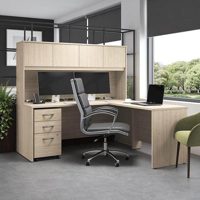 Bush Business Furniture Studio C 72W x 30D L Shaped Desk with Hutch and Mobile File Cabinet in Natural Elm, L Workstation Set for Home or Professional Office