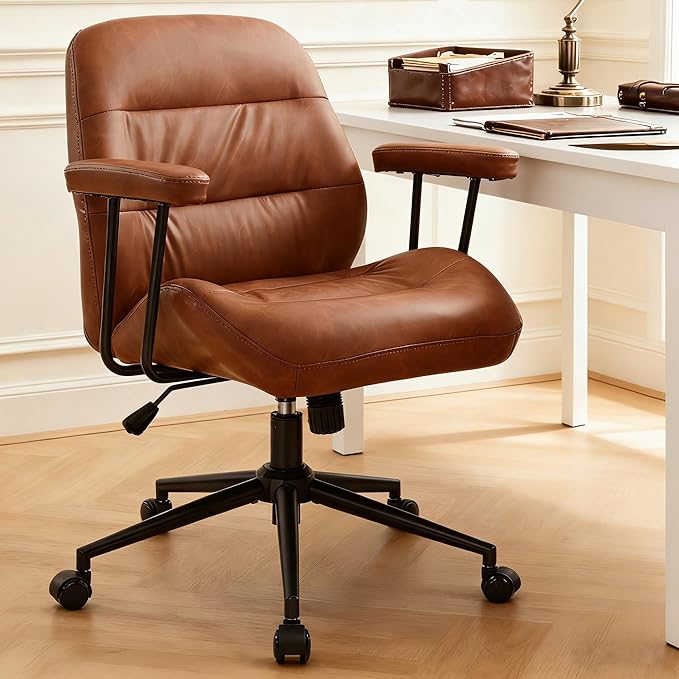 IWMH Home Office Chair, PU Leather Office Chair with Removable Armrests, Mid-Century Modern Desk Chairs with Lumbar Support, Ergonomic Executive Task Chairs, Height Adjustable (Brown)