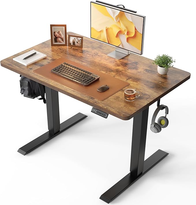 CubiCubi 32 x 20 Small One-Piece Standing Desk, Adjustable Height Electric Computer Home Office Sit Stand up Workstation, with 4 Memory Presets, Headphone Hook, Rustic Brown