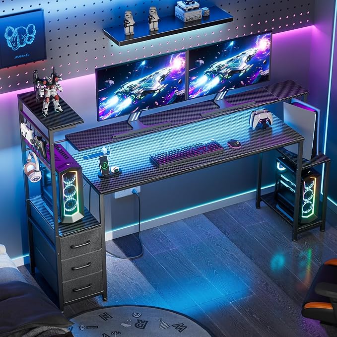 Korfile 63 Inch Gaming Desk with Bluetooth LED Lights & Power Outlets,Computer Desk with Fabric Drawers & Hooks,Reversible Gamer Table with Monitor Stand for Game Room,Home Office,Carbon Fiber Black