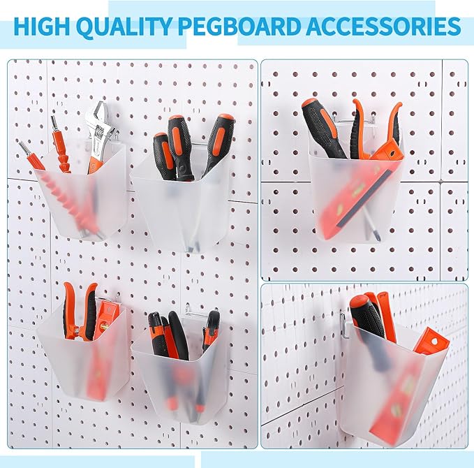 Uiifan 18 Set Pegboard Bins Kit Plastic Pegboard Cups with Metal Hooks Wall Containers Organizer Accessories with Label Stickers for DIY Tools Craft Office Workshop Garage Storage(Clear)