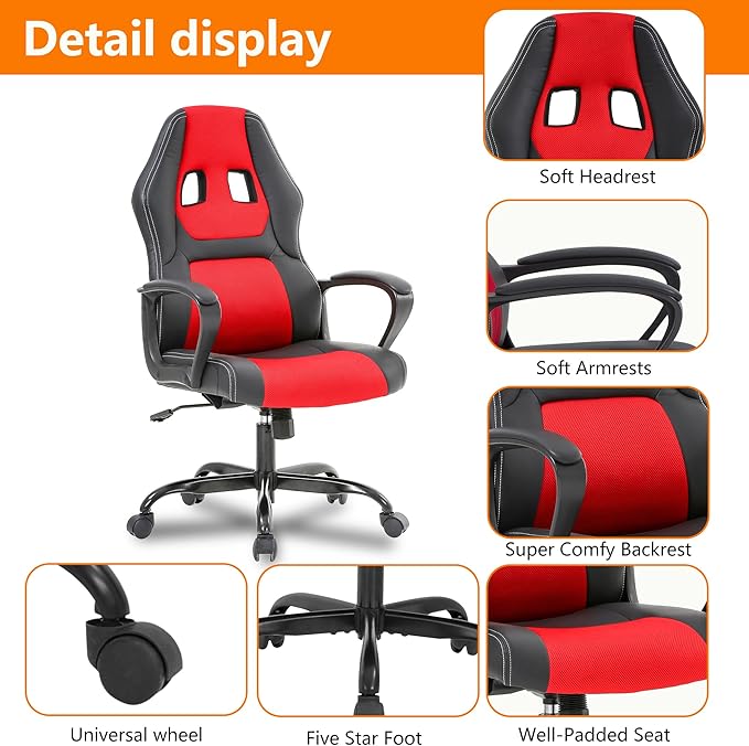 PayLessHere Gaming Chair Ergonomic Office Chair Computer Chair with Lumbar Support Ergonomic Pu Leather Adjustable Height Executive Chair for Women Men and Adults,Red