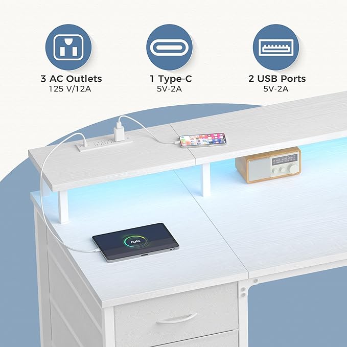 DUMOS Computer Desk with 4 Drawers,4 Drawer Gaming Desk with Power Outlets and LED Lights,Office Desk for Small Spaces with Monitor Shelf,Writing Desk for Home Office, Bedroom,Study 39 Inch White