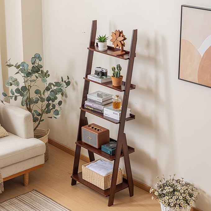 Maydear Bamboo Ladder Shelf Bookcase, 5-Tier Leaning Bookshelf Free Standing Organizer Storage Shelves for Living Room, Bedroom, Kitchen, Home Office, Balcony, Walnut
