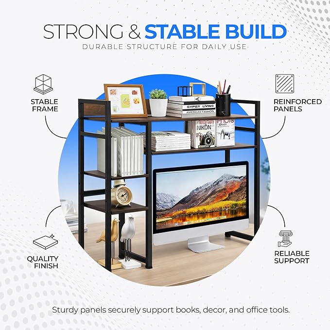Desk Shelf Storage, 38 Inch, 4-Tier Wood Bookshelf Organizer, Computer Desk Hutch – Dark Brown, Desktop Bookshelf Organizer Shelf for Desk for Dorm Workspace and Home Office Use