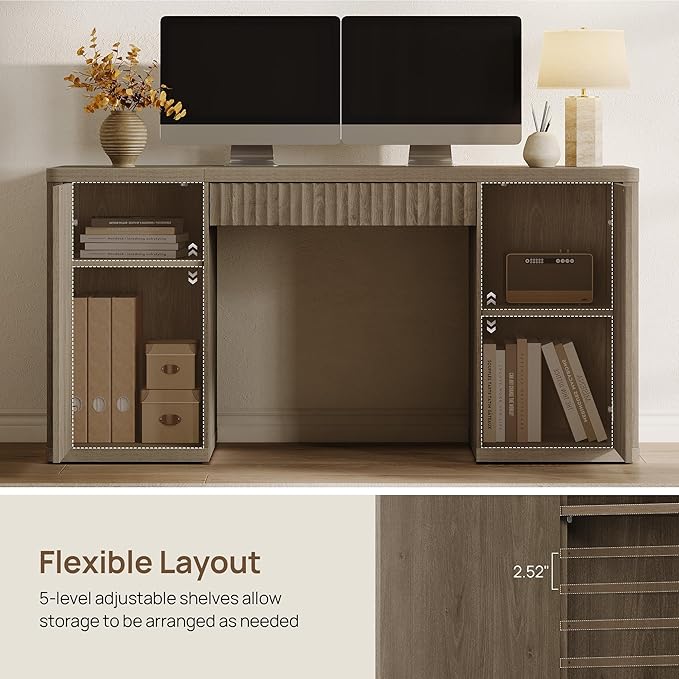 SICOTAS 61" Large Office Computer Desk with Storage Modern Home Office Desks with Drawer & Doors Fluted Desks Executive Desk Wooden Writing Table Vanity Table for Living Room Bedroom, Grey Alder