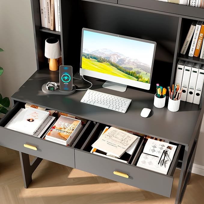 Vlsrka Home Office Desk with Hutch and Drawers, 40" Computer Desk with Storage Shelves and LED Lights, Modern Wooden Writing Study Table with Charging Station for Bedroom, Black
