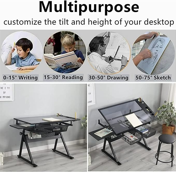Glass Drafting Table and Stool Sets, Adjustable Height Drawing Table Art Craft Artist Desk Tilting Glass Tabletop with 2 Storage Drawers for Home Office (Black)