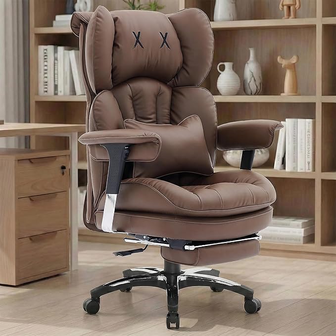 Efomao Desk Office Chair, X-Embroidery Big and Tall PU Leather Home Chair, Adjustable High Back Computer Gaming Chair, 200kg Swivel Executive Office Chair with Footrest and Lumbar Support, Brown