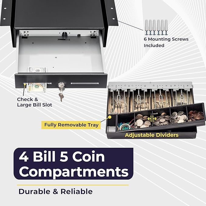 Volcora Cash Register Drawer with Under Counter Mounting Metal Bracket, 13" Black Cash Drawer for POS, 4 Bill 5 Coin Cash Tray, Fully Removable 2Tier Compartment 12-24V RJ11/RJ12 Key-Lock