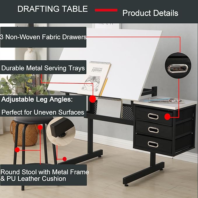 Drafting Table, Tilting Tabletop Artist Desk w/3 Storage Drawers & Stool, Craft Drawing Table for Painting, Sketching, Home Office, Art Studio, Classrooms (White+Black)