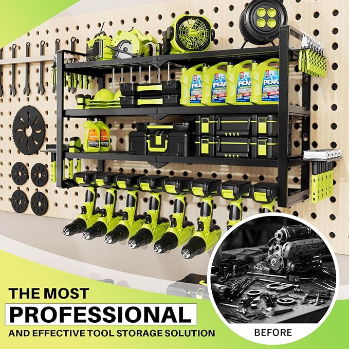 Large Power Tool Organizer Wall Mount, Garage Storage Cordless Tool Organizer with Screwdriver Holder, Heavy Duty Metal Storage Rack with 8 Drill Holder 4 Layer, Gifts for Men Who Have Everything