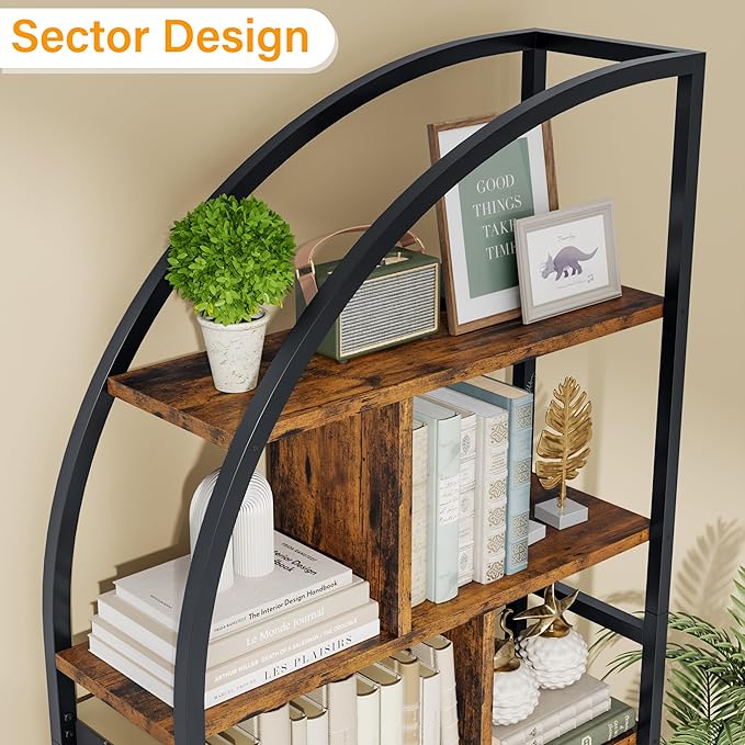 Jehiatek 71" Arc Gold Bookshelf with Storage Cabinet, Tall 6 Tiers Industrial Bookcase with Sturdy Metal Frame, Geometric Book Shelf for Lving Room, Home Office, Black and Brown