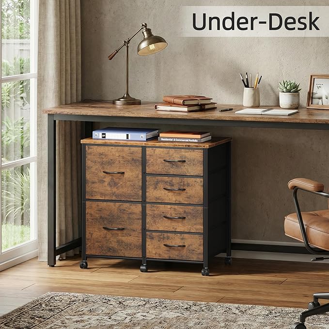 HIGDBFE 6 Drawer Mobile Lateral File Cabinet, Rolling Printer Stand, Under Desk Filing Cabinet Fits A4 Files, Home Office Storage Fabric Cabinet, 2X Space, Rustic Brown, 21.7''
