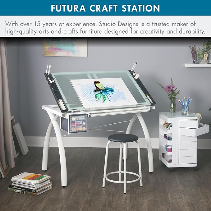 SD Studio Designs Futura Craft & Drawing Table with Adjustable Tempered Safety Glass Top – Modern Art Desk with Storage Drawers, Pencil Ledge, Matte Ivory/Sea Green Glass