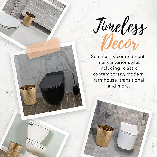 Autumn Alley Antique Gold Trash Can, Hand Crafted Bin, Round Bathroom Trash Can, Open-Top Gold Garbage Can for Bedroom, Home, Office - Modern Waste Basket, Stylish Metal Modern, Bathroom Décor