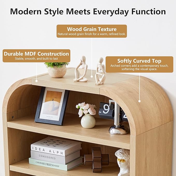 LEVNARY 70" Tall Arched Bookcase, 7-Tier Freestanding Storage Cabinet with Adjustable Shelves, Thick MDF Bookshelf for Bathroom Living Room Bedroom (Natural)