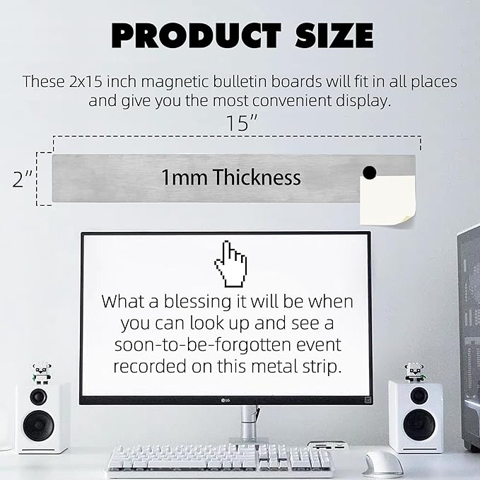 TonGass Magnetic Strip with Adhesive Backing, 2"x15" Stainless Steel Strips Bulletin Bar Board, Metal Magnetic Strips for Wall with 48 Pcs Magnets for Home, Office, School Use - 6 Pcs