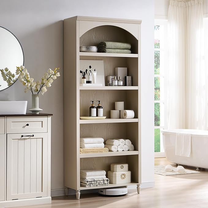 IFGET 76" Tall Arched Bookcase, Farmhouse 5 Tiers Large Arched Bookshelf Cabinet with Adjustable Shelves, Modern Wooden Book Shelf w/Storage and Open Display Shelves for Living Room, Office-Cream