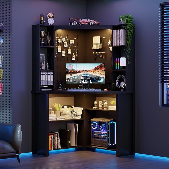 Lvifur Corner Computer Desk with LED Lights, L Shaped Study Desk with Hutch & Shelves, Triangle Home Office Desk with Charging Station for Work & Study, File Cabinet Bookshelf for Small Space (Black)