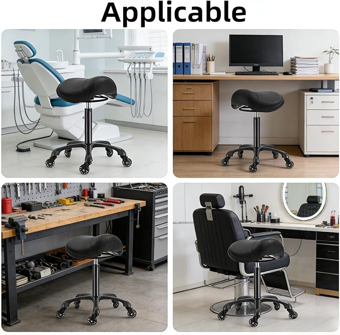 Saddle Salon Stool with Wheels,Heavy Duty Adjustable Rolling Drafting Chair for Barber, Tattoo, Nail,Spa,Dentist(Black)