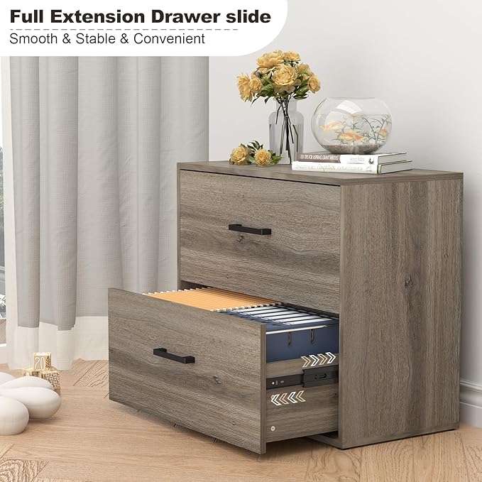 2 Drawer Wood Lateral File Cabinet, Wide Filing Cabinets for Home Office, Farmhouse File Cabinet Printer Stand for Hanging Files/Letters, Gray