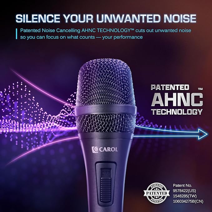 CAROL AC-910S XLR Wired Vocal Microphone – Dynamic Cardioid Mic with AHNC Dual-Engine Noise Cancelling Tech for Singing, Karaoke, Stage & Studio, Includes Mic Clip, 14.8ft XLR Cable & On/Off Switch