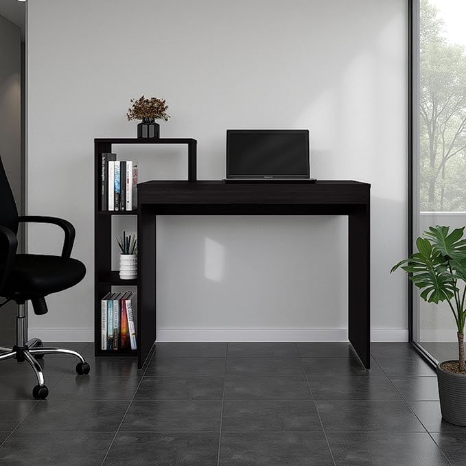 Wenge Open Storage Computer Desk Integrated side shelving includes three open compartments for books, decorative accents, plants, and office supplies like notebooks and pens for easy organization Du