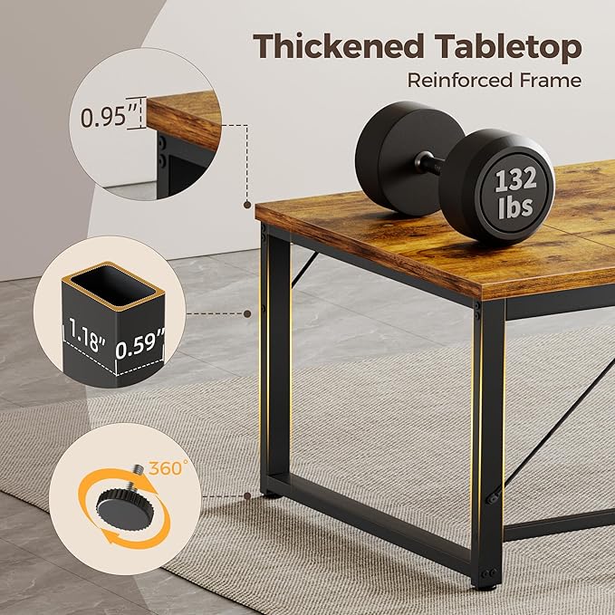 Mericonia 63 Inch Large Computer Desk, 1" Thick Heavy Duty Industrial Office Desk, Modern Simple Study Writing Table for Home Office Bedroom Workstation, Brown