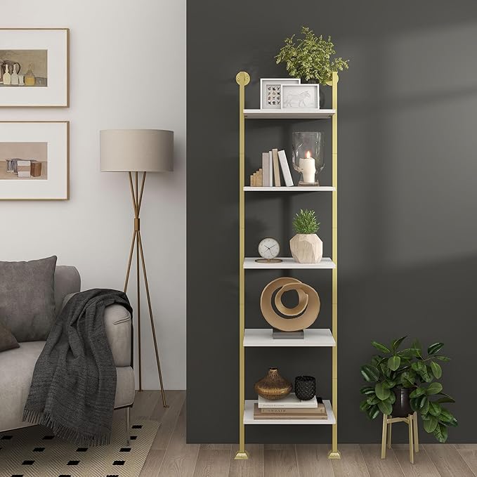 Axeman 5-Tier Ladder Bookcase, Tall Narrow Bookshelf for Small Spaces, Modern Book Storage Organizer Case Open Shelves for Living Room, Bedroom，Office, Library, Gold and White