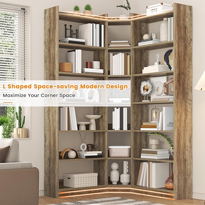 Semoic 70.8" Tall Corner Bookshelf, 7 Tiers Large Etagere Bookcases with Baffles, L-Shaped Modern Storage Display Rack Industrial Bookshelves for Bedroom, Home Office, Living Room & Kitchen, Brown