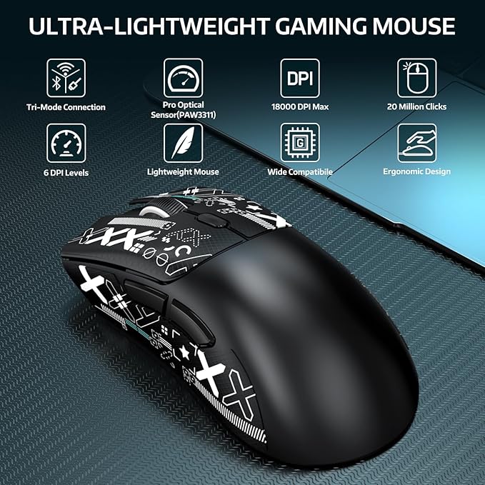 ATTACK SHARK R1 Wireless Gaming Mouse,Tri-Mode Connection (2.4G/Wired/BT5.2),55g Lightweight,18K DPI Optical Sensor,HUYU 20 Million Key Life,Ergonomic Design,for PC/Laptop/Win/Mac(Black+Sticker)