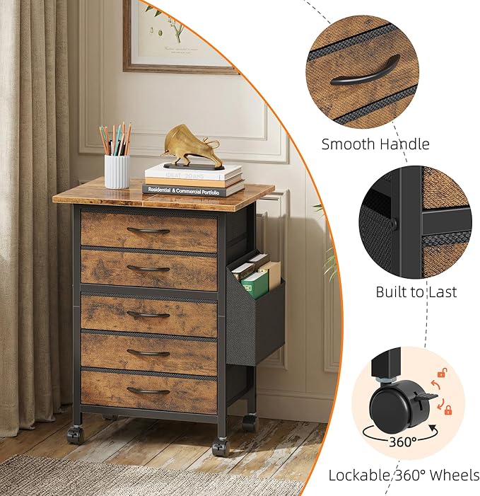 HIGDBFE 5 Fabric Drawers File Cabinet with Side Pocket, Rolling Printer Stand with Storage for Home Office, Wood Top Storage Cabinet for Documents and Crafts, Rustic Brown, 15" D