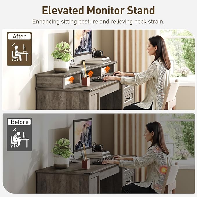 RALGEND 2 Pack 55'' Farmhouse Executive Desk with Drawers, Computer Desk with File Cabinet and Side Bookshelf, Writing Gaming Desk with Monitor Stand, Greige