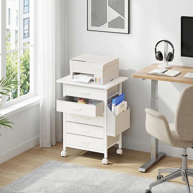 HIGDBFE 5 Fabric Drawers File Cabinet with Side Pocket, Rolling Printer Stand with Storage for Home Office, Wood Top Storage Cabinet for Documents and Crafts, White, 15" D