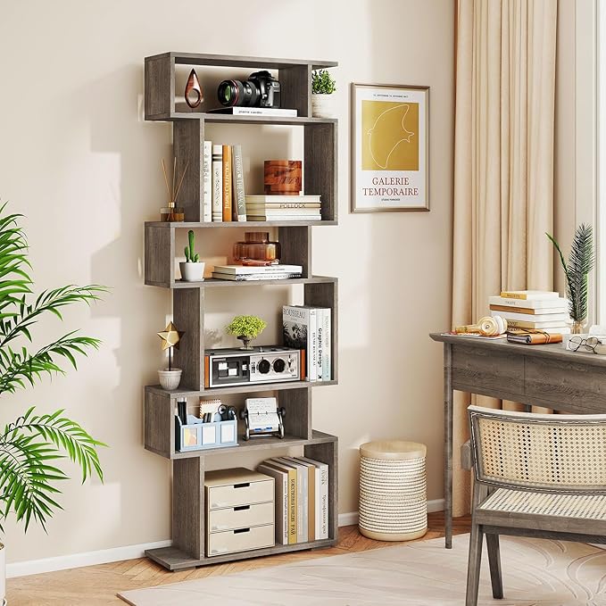 Giantex 6-Tier Geometric Bookshelf, S-Shaped Bookcase with 2 Anti-Tipping Kits, Wooden Display Shelf, Decorative Storage Shelving Unit, Home Storage Organizer for Office Living Room (1,Oak Grey)